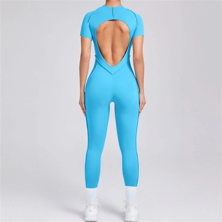 Open-Back Form-Fitting Short-Sleeved Jumpsuit With Long Pants