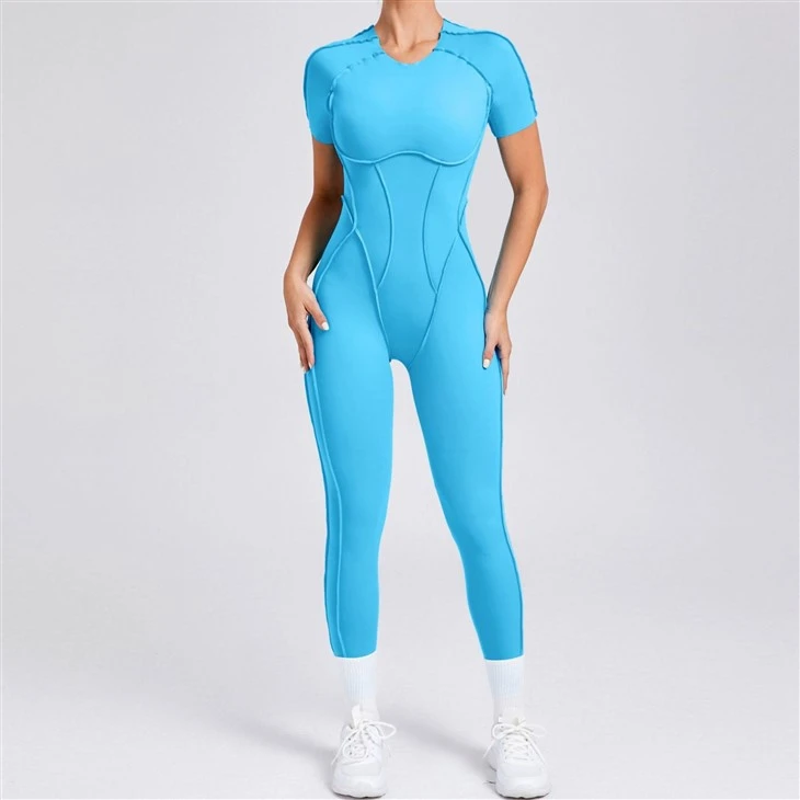 Open-Back Form-Fitting Short-Sleeved Jumpsuit With Long Pants